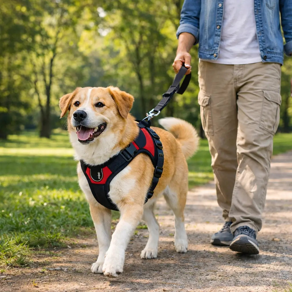 chien portant un harnais qui se balade  Image