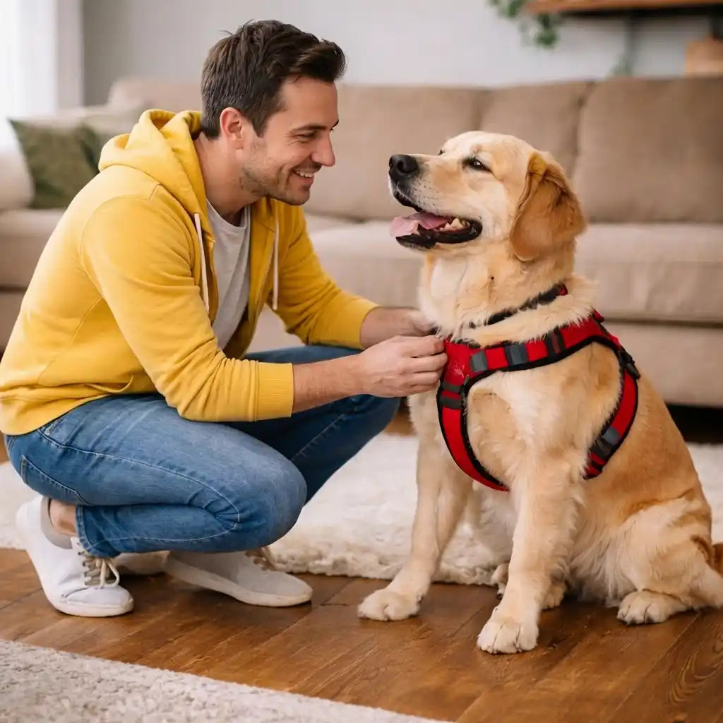 homme qui met un harnais à son chien  Image