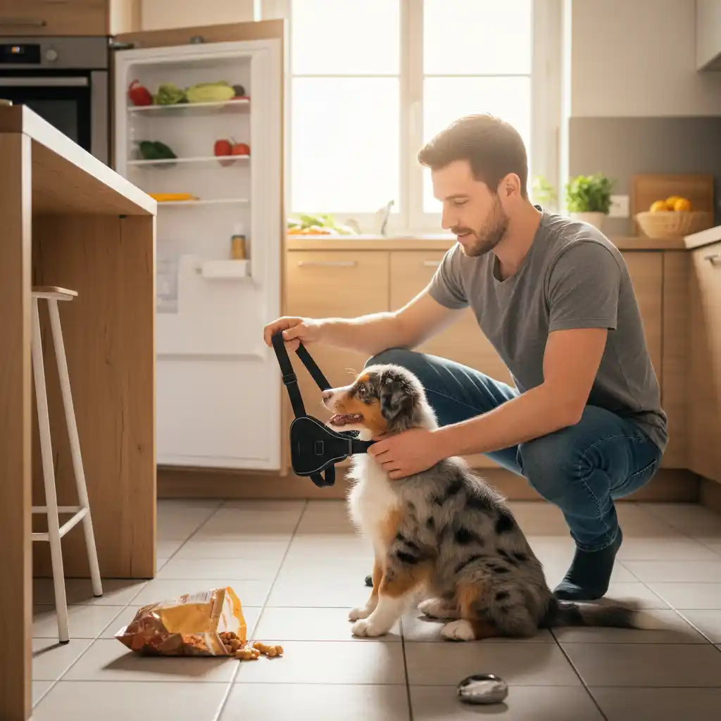 Maitre qui met un harnais à son chiot  Image