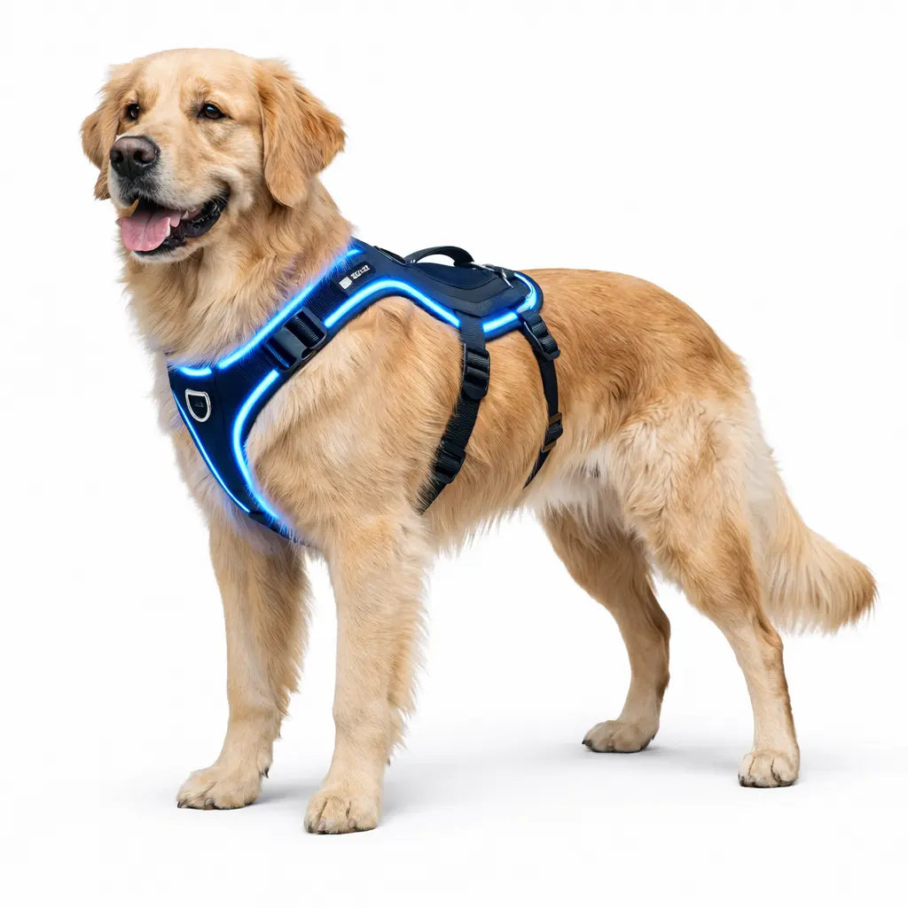 Chien qui porte un harnais lumineux bleu et noir Image