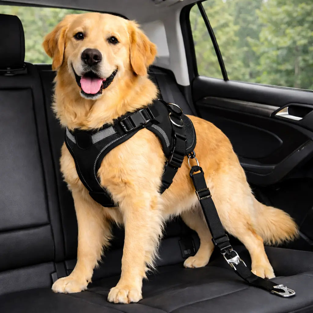 chien beige qui porte un harnais pour voiture noir  Image