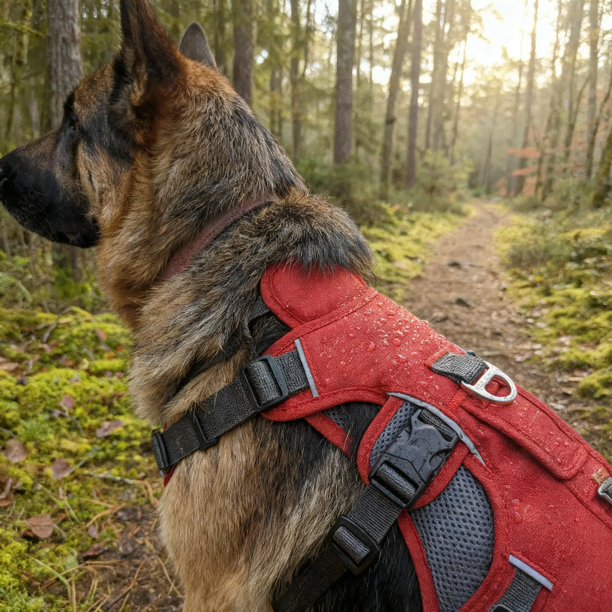 labrador qui porte un harnais pour chien rouge et gris 