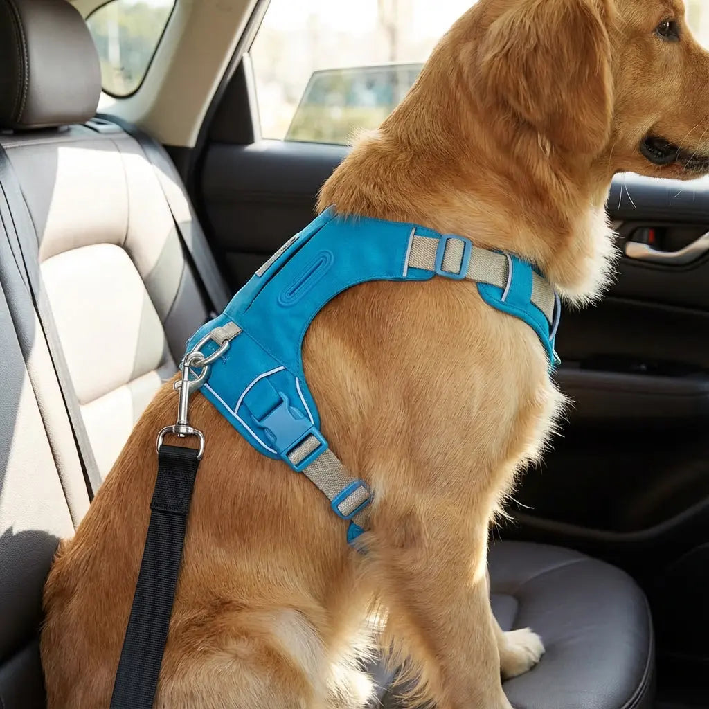 chien avec un harnais bleu en voiture 