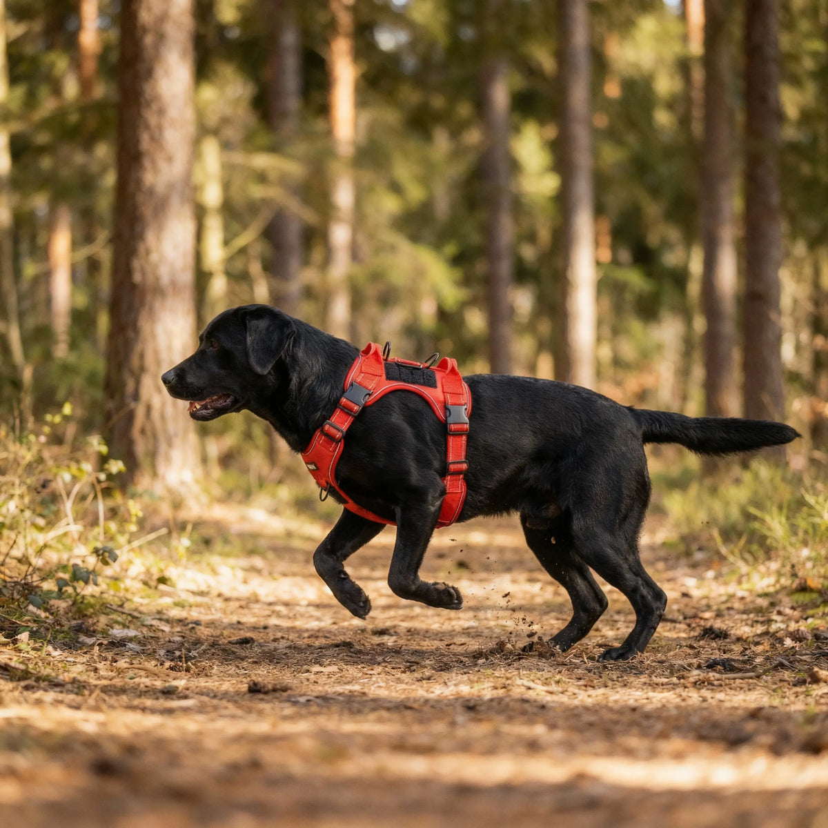 chien noir qui porte un harnais en H 
