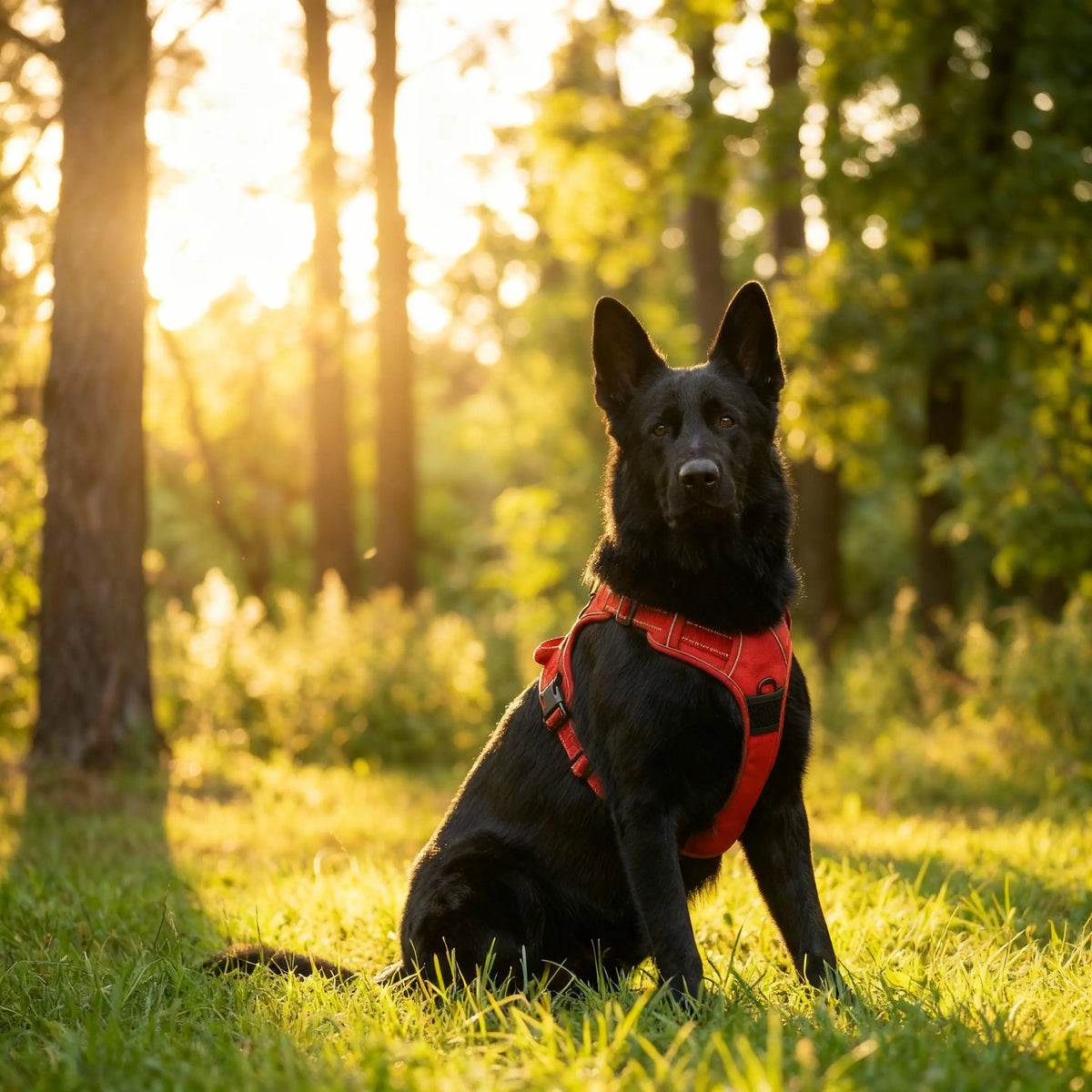 chien noir qui porte un harnais en H noir et rouge 