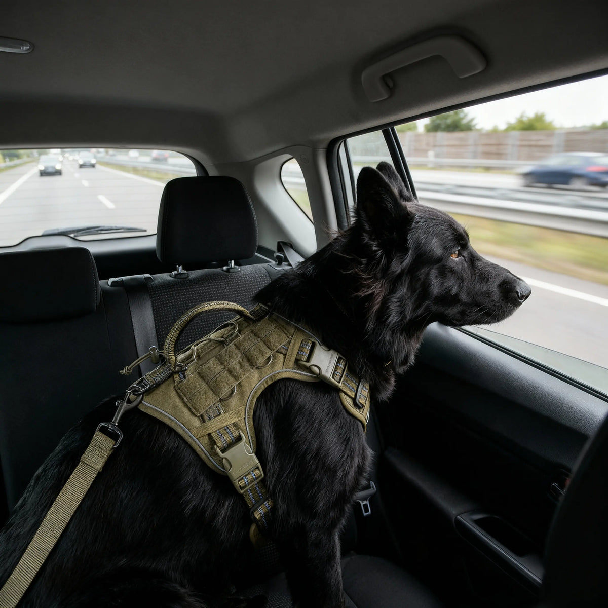 chien en voiture portant un harnais vert 