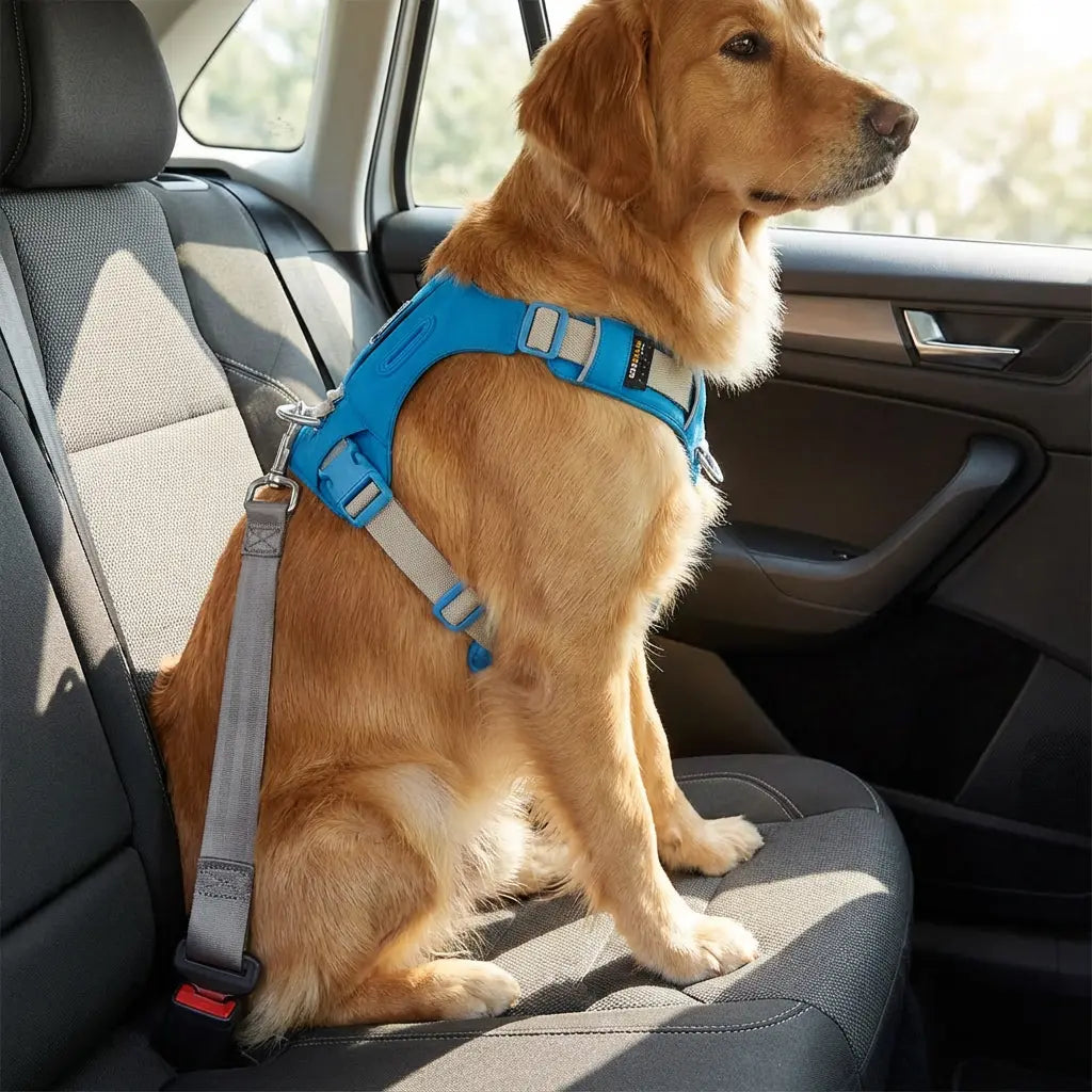 chien en voiture portant un harnais bleu 