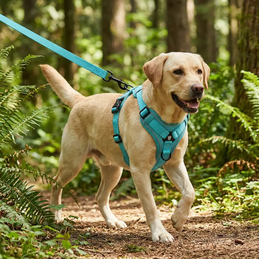 Chien qui se balade en forêt avec un harnais bleu turquoise