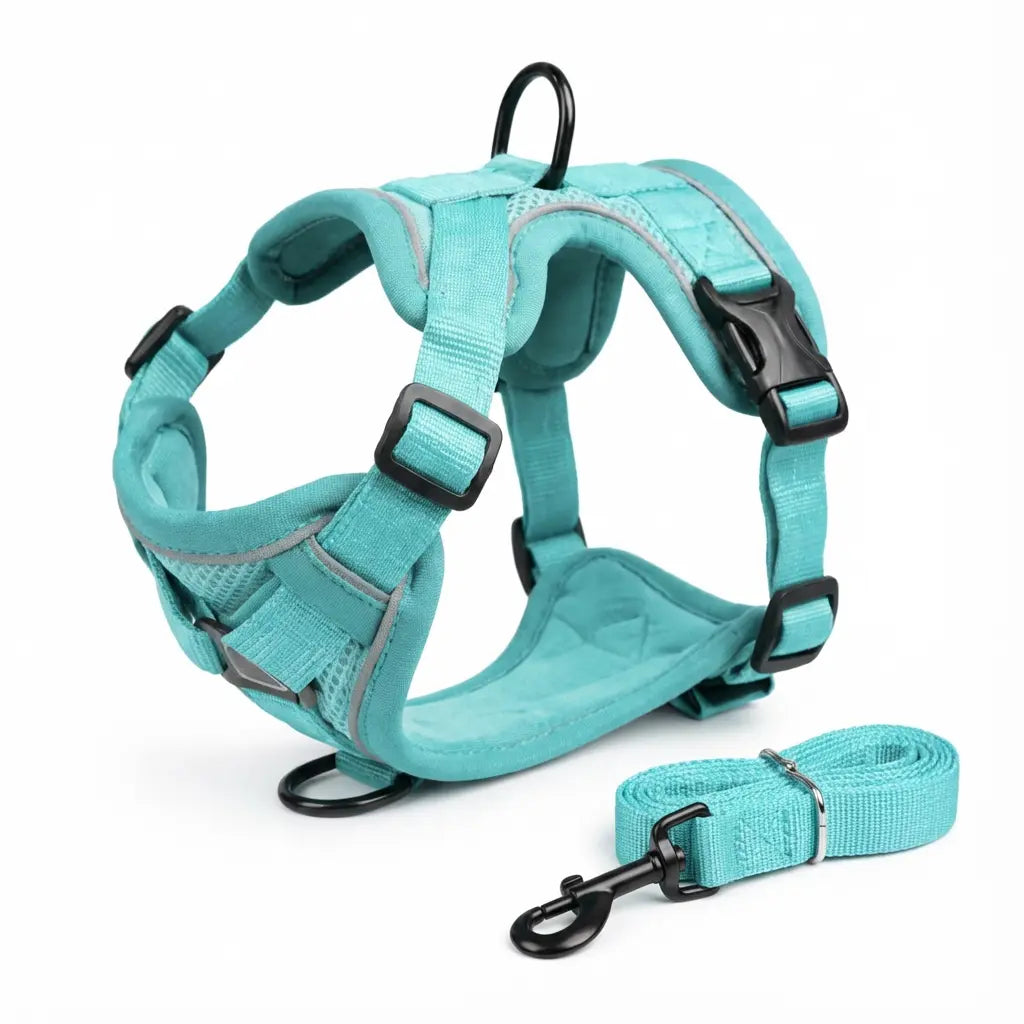 harnais pour chien bleu turquoise sur fond blanc 