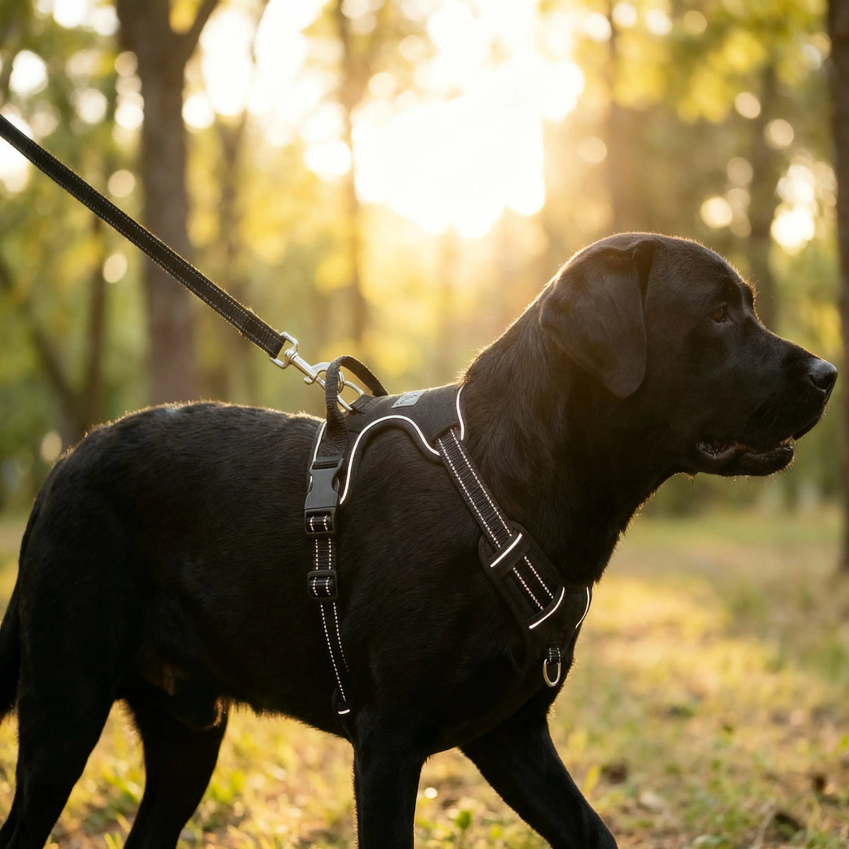 chien noir qui porte un harnais noir