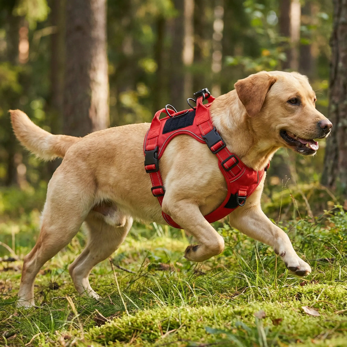 chien en action qui se balade avec un harnais anti-traction rouge et noir en forêt