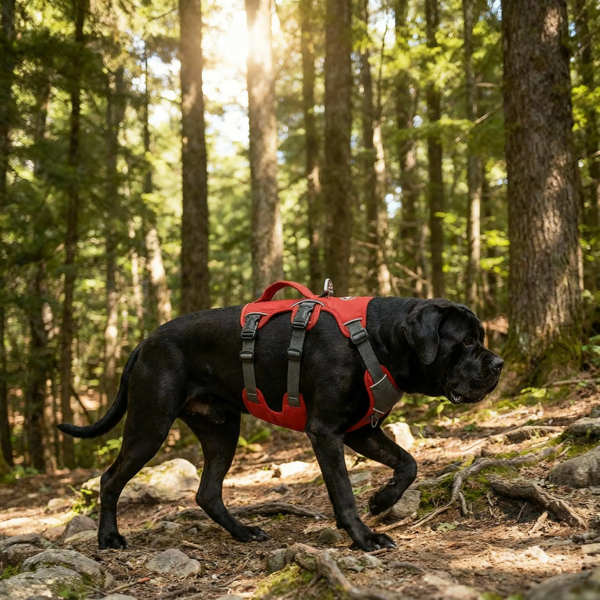 grand chien qui porte un harnais rouge