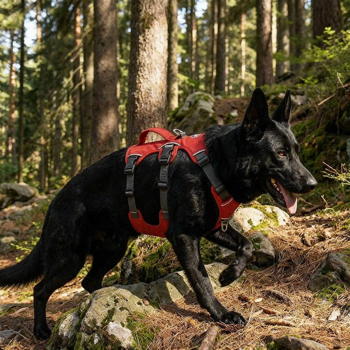 chien noir portant un harnais rouge