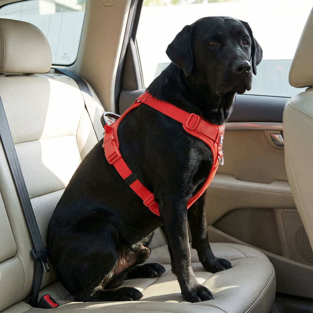 chien noir qui porte un harnais rouge en voiture 