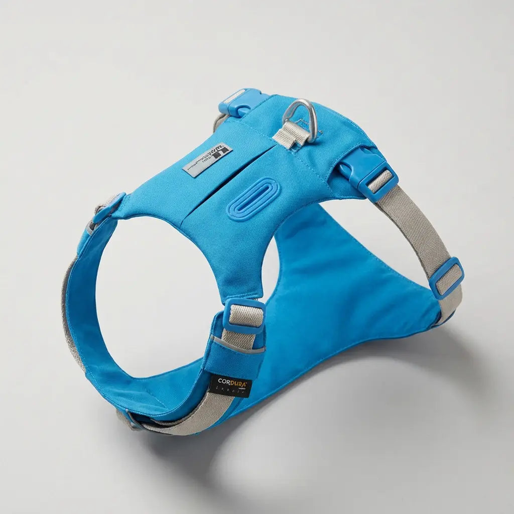 harnais bleu pour chien sur fond blanc 