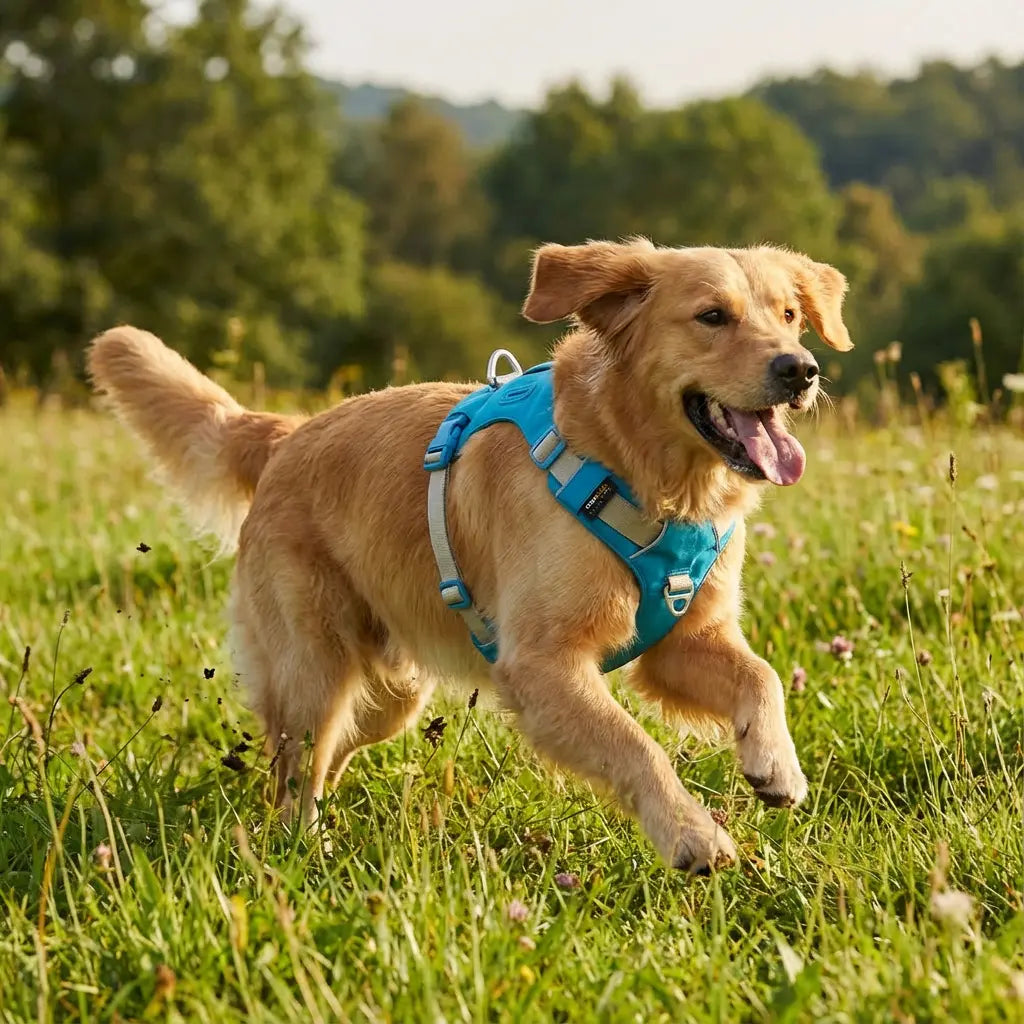 chien qui se promène dans un parc avec un harnais bleu 