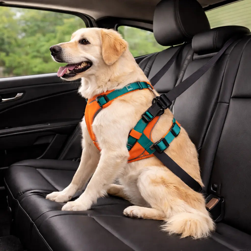 chien en voiture qui porte un harnais orange 