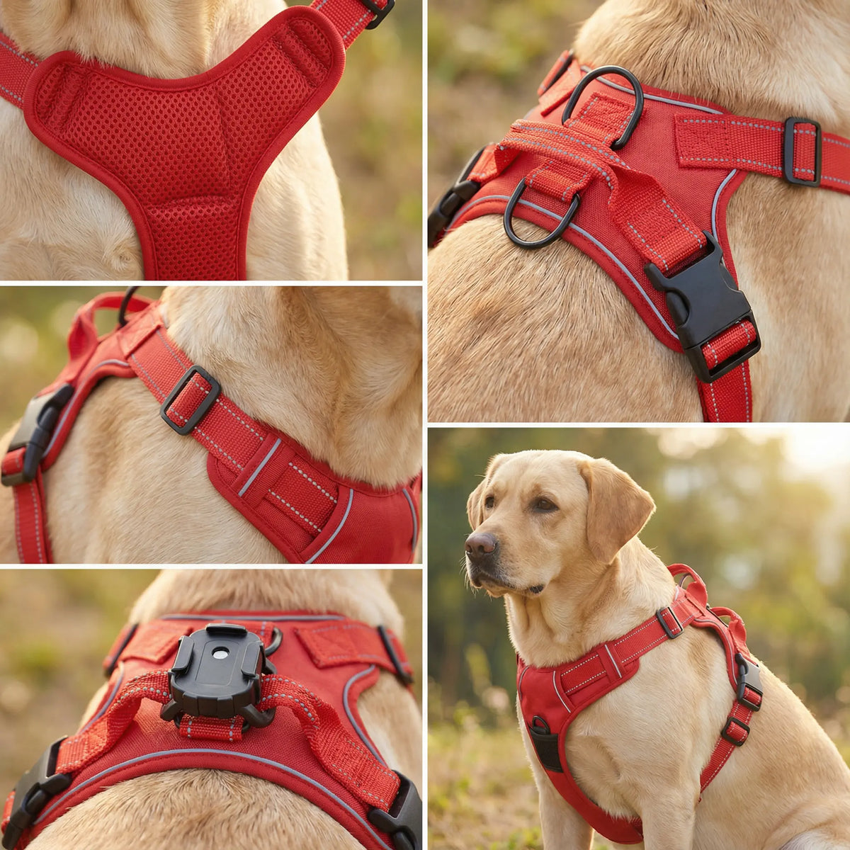 golden retriever qui porte un harnais rouge et noir