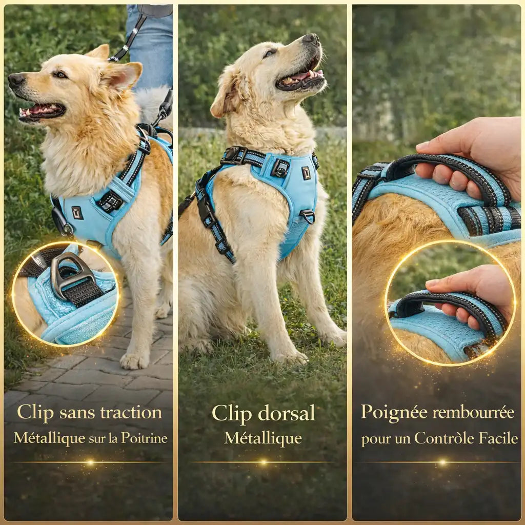 chien beige qui porte un harnais bleu 