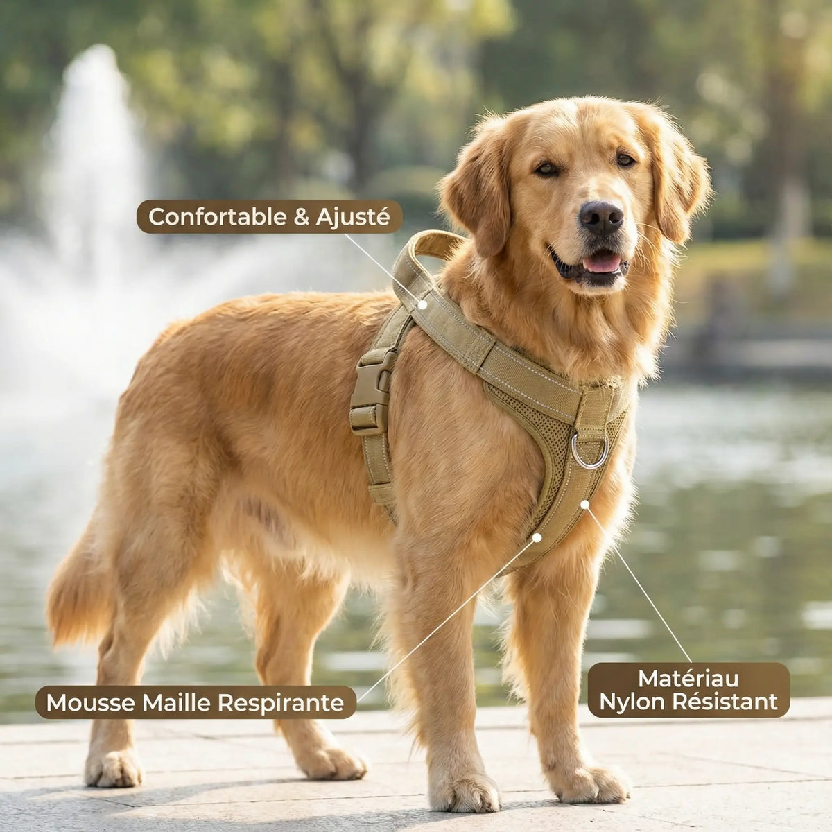Labrador ce balade dans un lac avec un harnais brun 