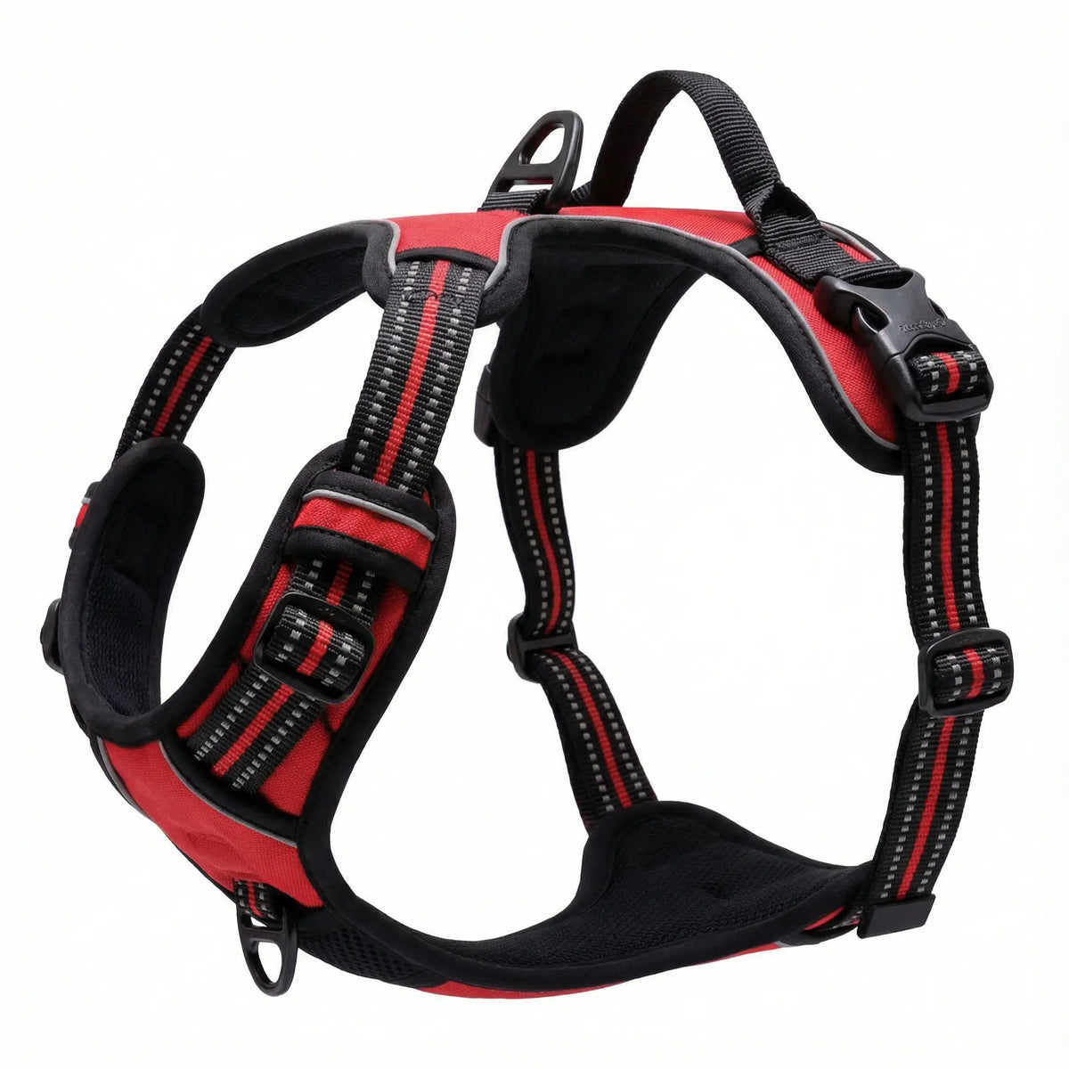 Harnais pour chien rouge et noir sur fond blanc