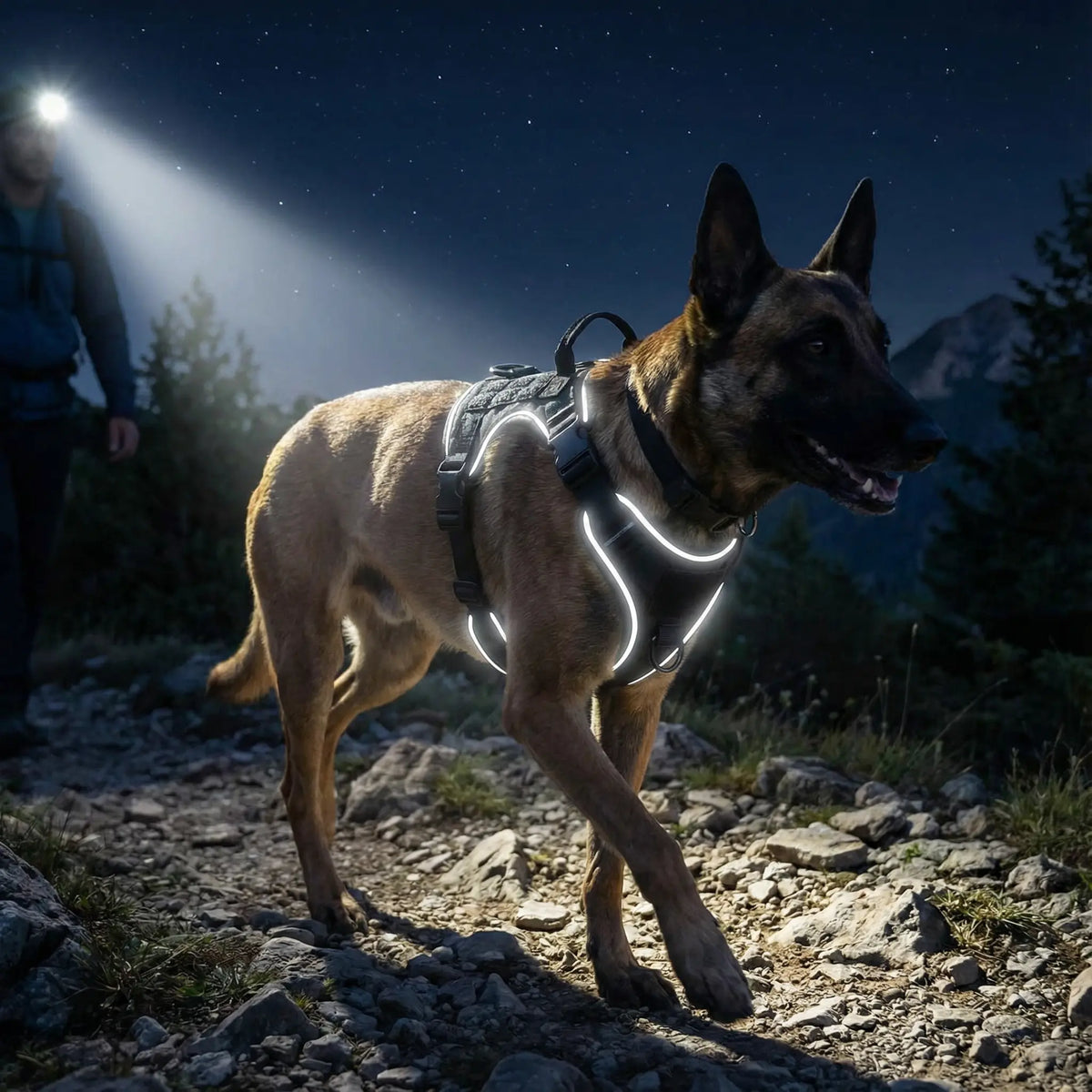berger allemand qui se promène avec un harnais en H lumineux en montagne