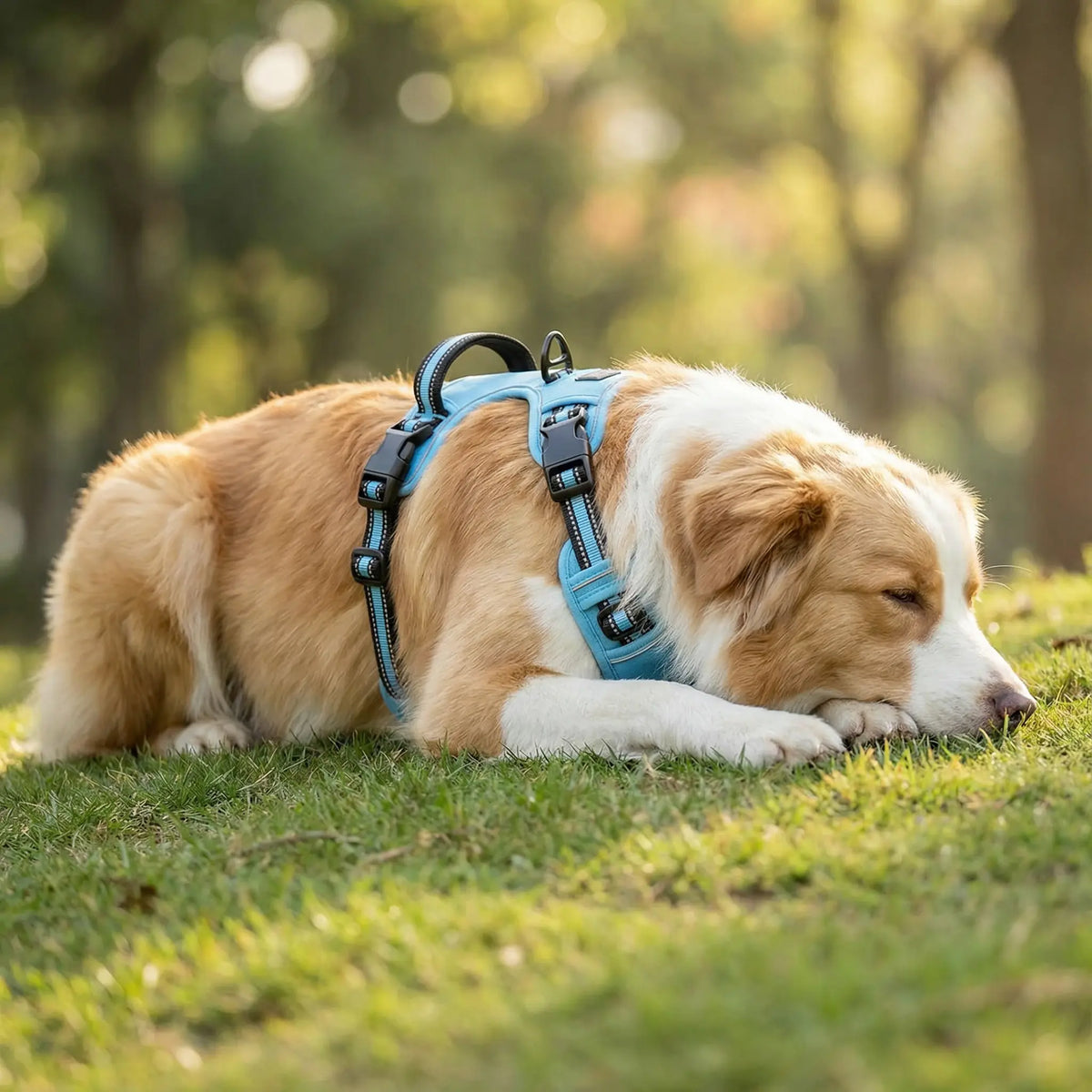 chien qui porte un harnais bleu et est allongé sur de l'herbe 