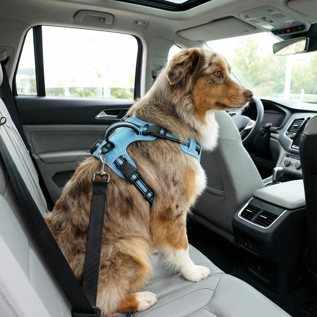 Chien qui porte un harnais bleu pour chien en voiture