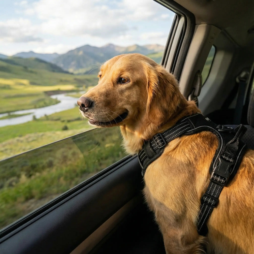 Chien beige qui porte un harnais noir en voiture en regardant la fenêtre