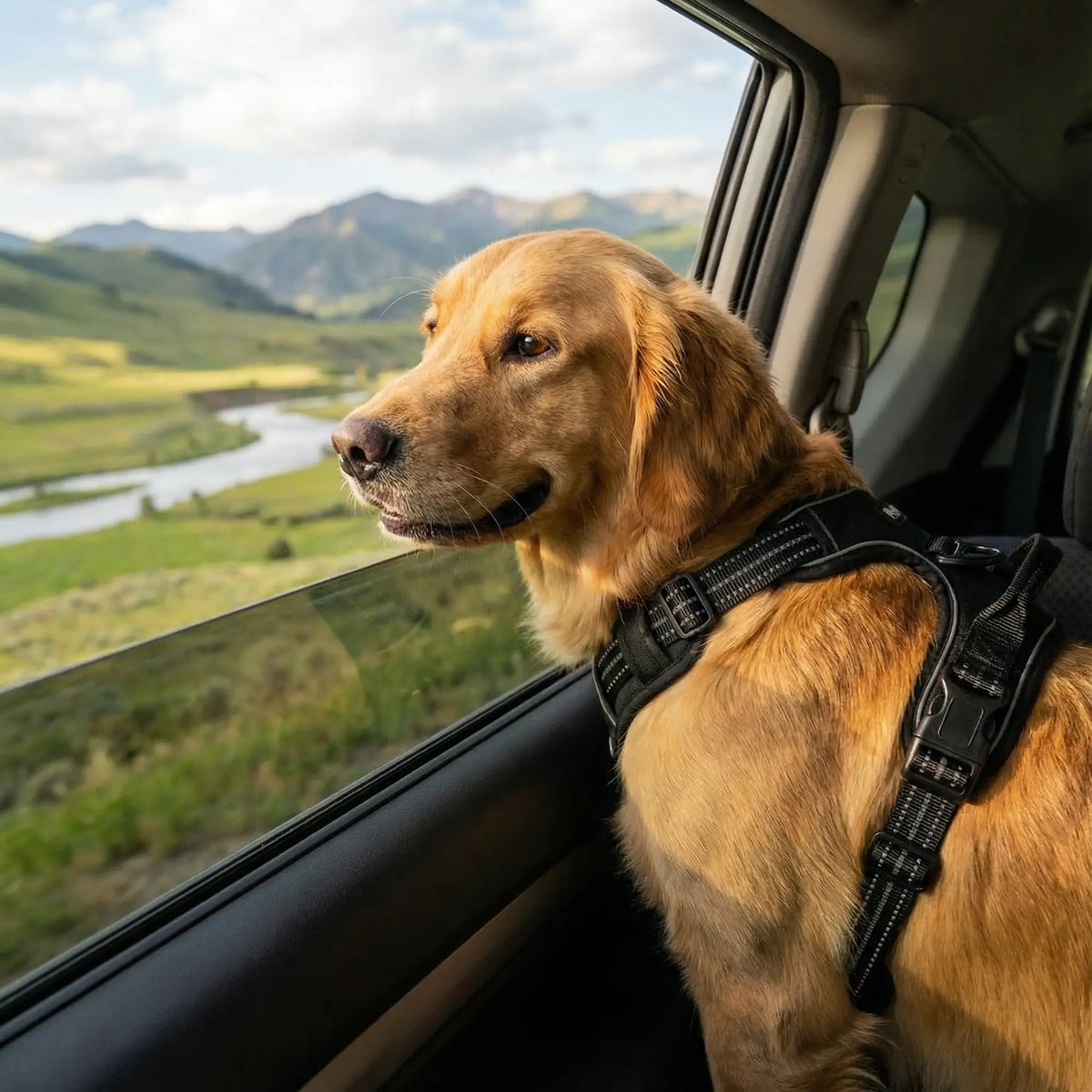 Chien beige qui porte un harnais noir en voiture en regardant la fenêtre