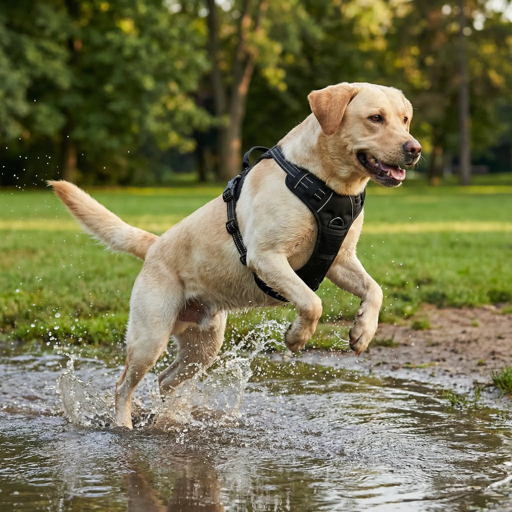 Chien beige qui s'amuse en portant un harnais noir
