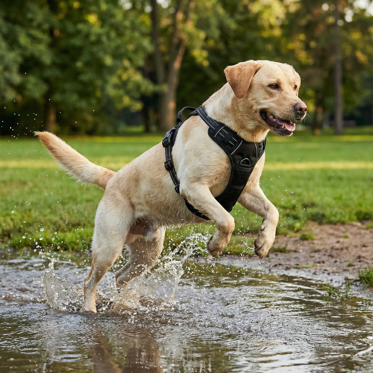 Chien beige qui s'amuse en portant un harnais noir