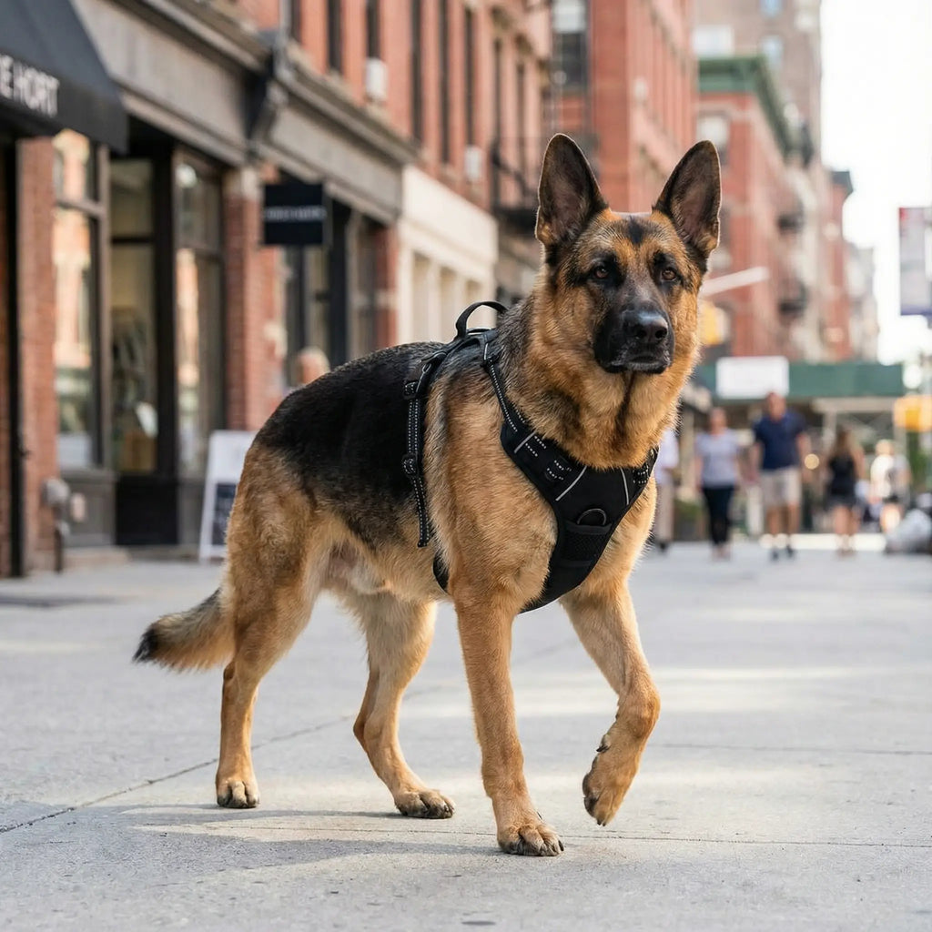 labrador qui porte un harnais noir en ville 