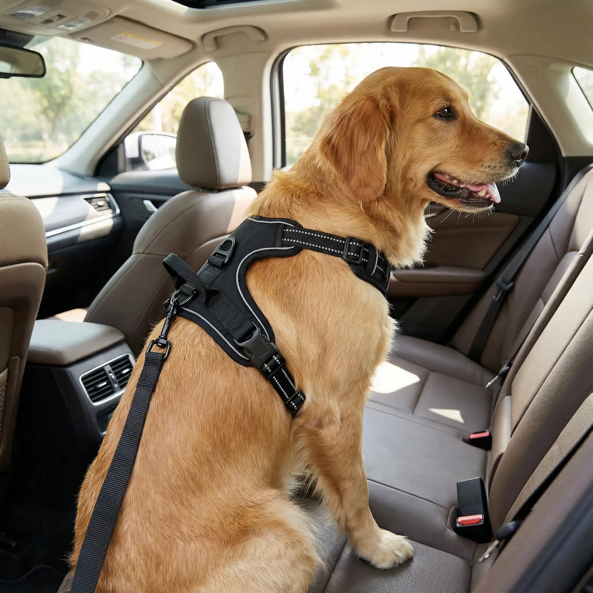 labrador qui porte un harnais noir en voiture 