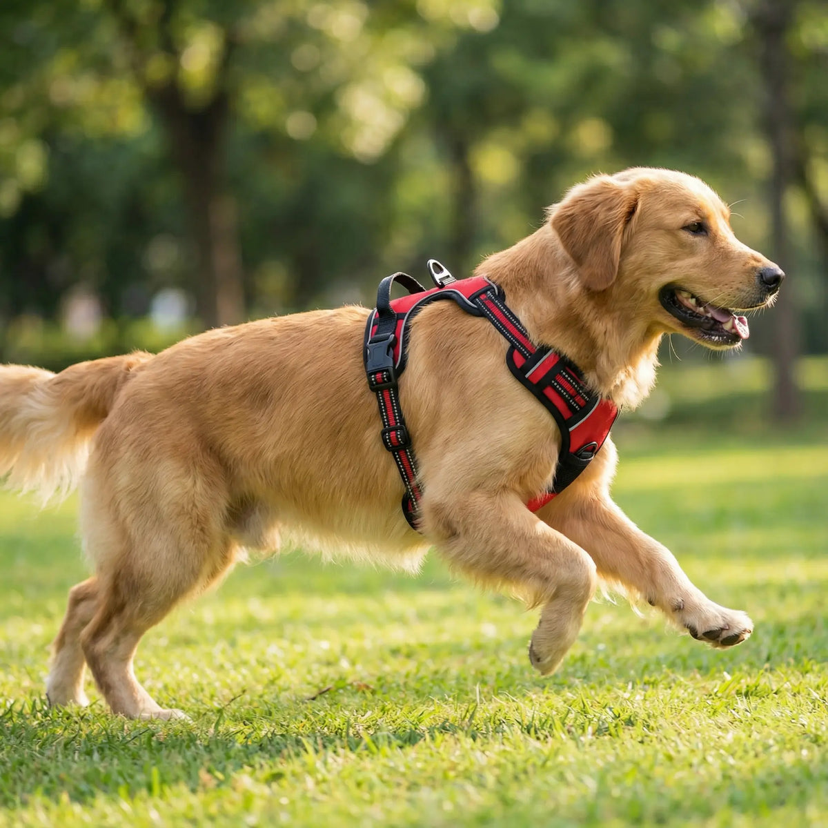 Chien portant un harnais rouge et noir en extérieur
