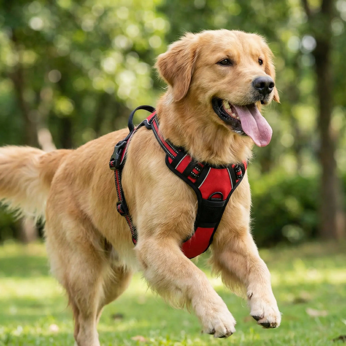 Chien portant un harnais rouge et noir et ce promène dans un parc