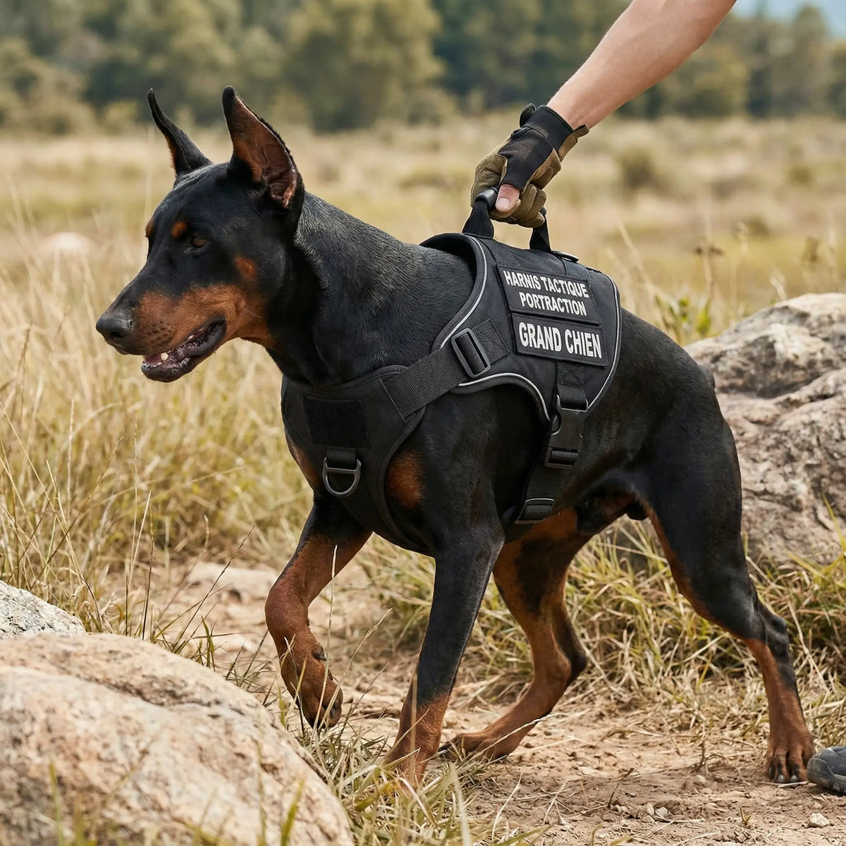 Grand chien qui porte un harnais tactique noir